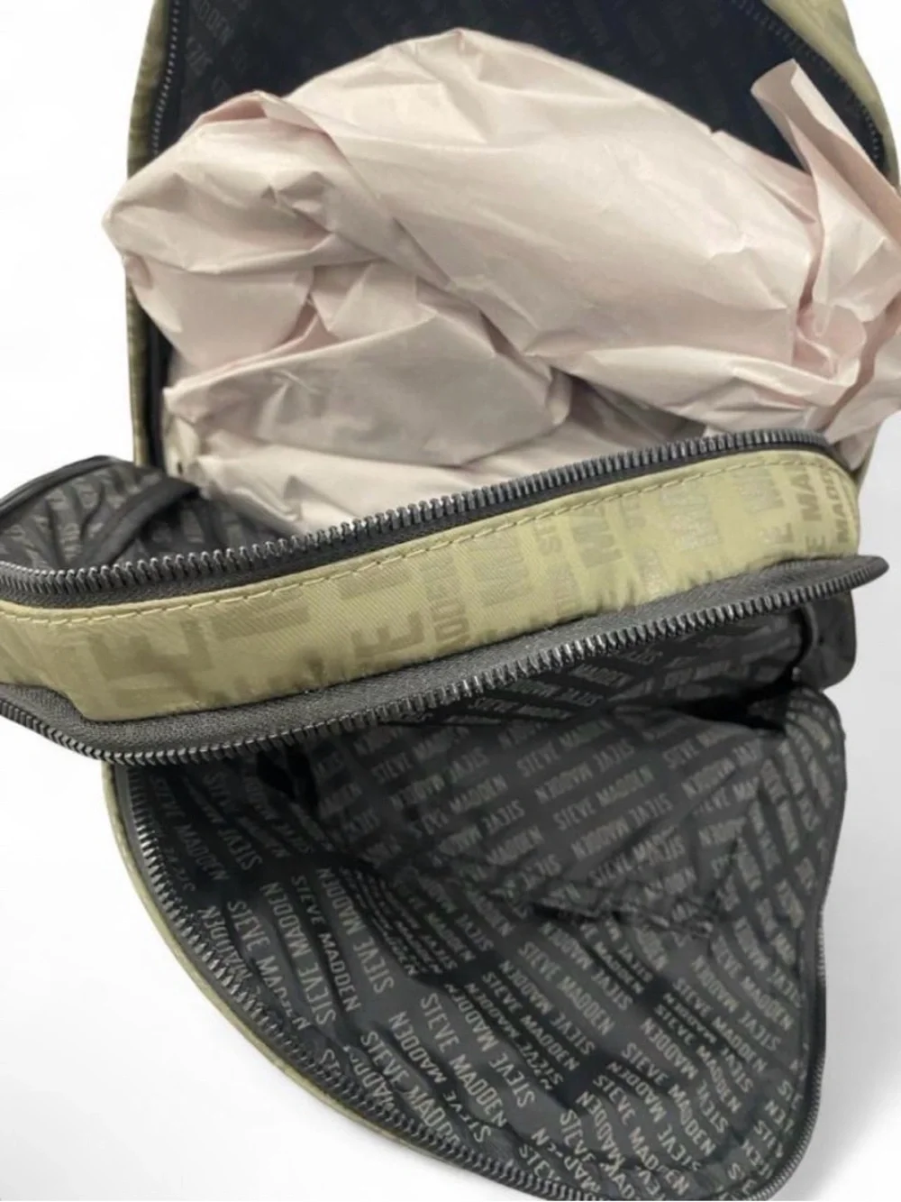 Steve Madden Olive Logo Print Backpack with Black Trim
